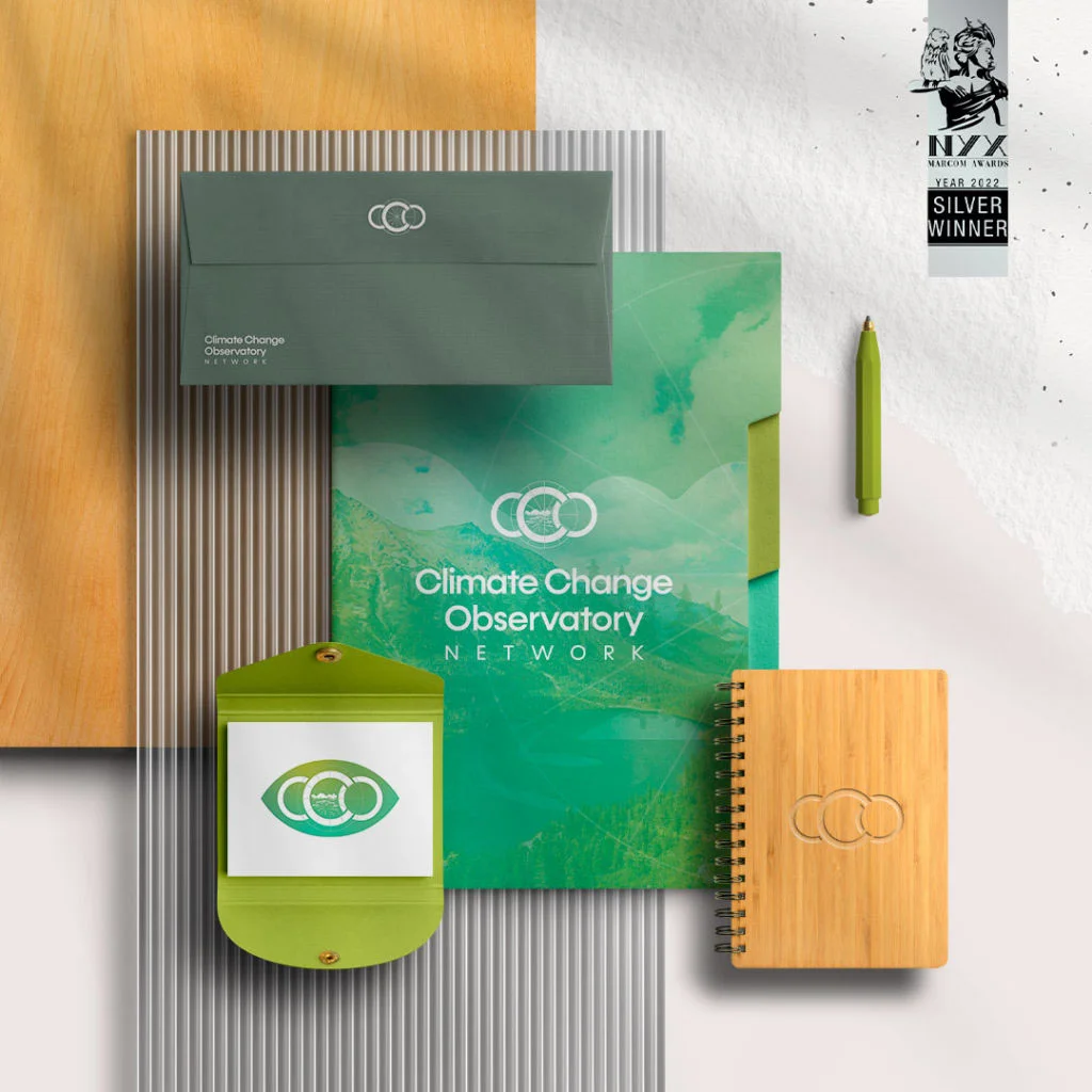 Set of stationery collaterals for CCO visual identity - green and gray, with a CCO made like a cloud.