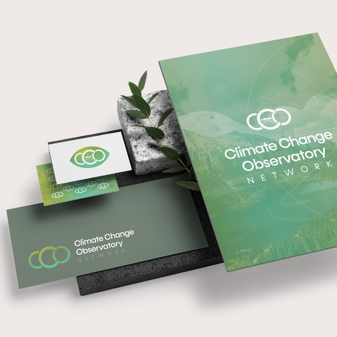 Set of stationery collaterals for CCO visual identity - green and gray, with a CCO made like a cloud.
